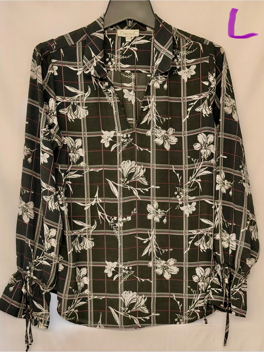Chenault Black & White Floral Plaid Long-Sleeve Popover Blouse